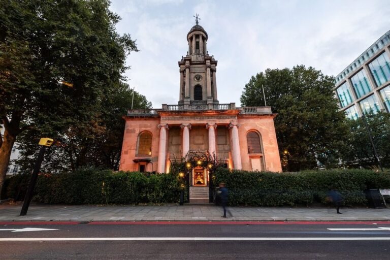 One Marylebone at dusk, Soane's neo-classical facade, Ionic portico and clock tower lit for an event, One Marylebone