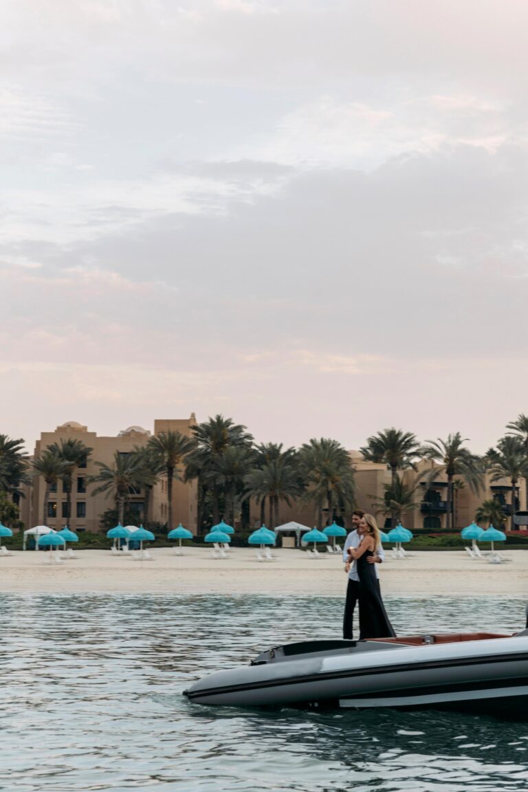 A guest on a boat off the resort's beach, One&Only Royal Mirage
