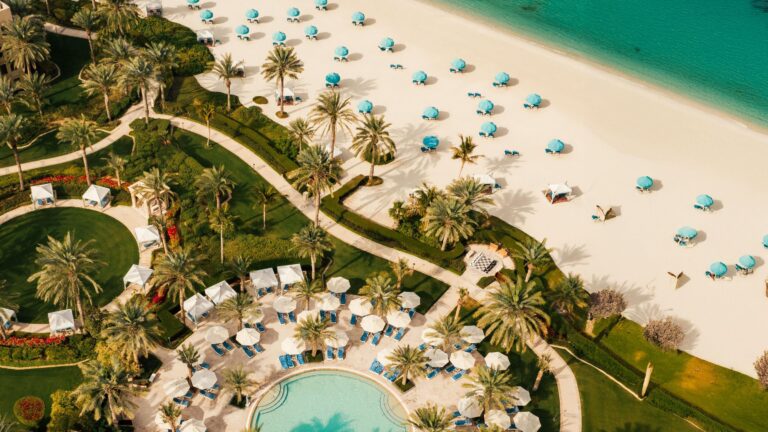 The beach, pool and gardens seen from above, One&Only Royal Mirage