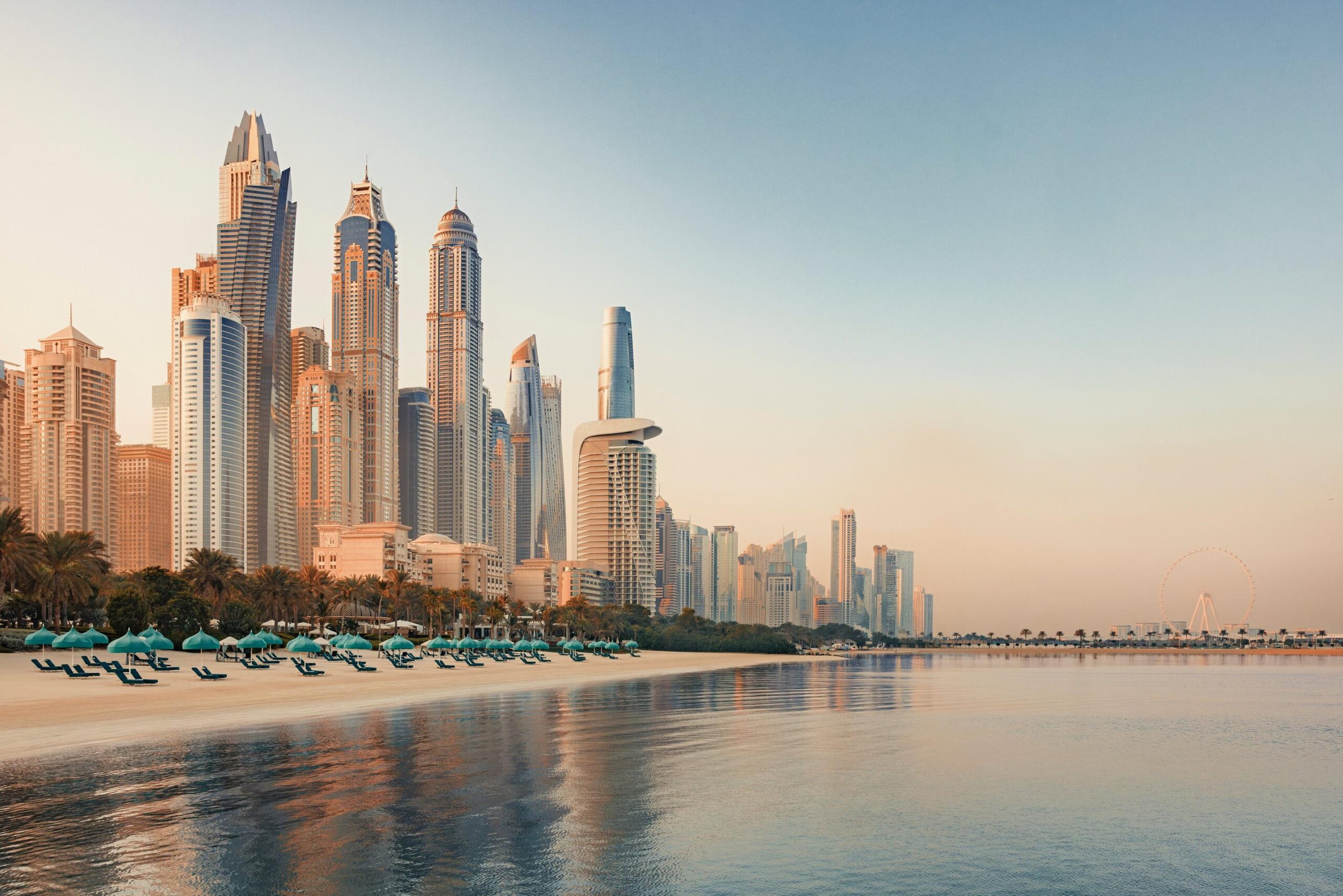 The private beach with the Dubai Marina skyline beyond, One&Only Royal Mirage