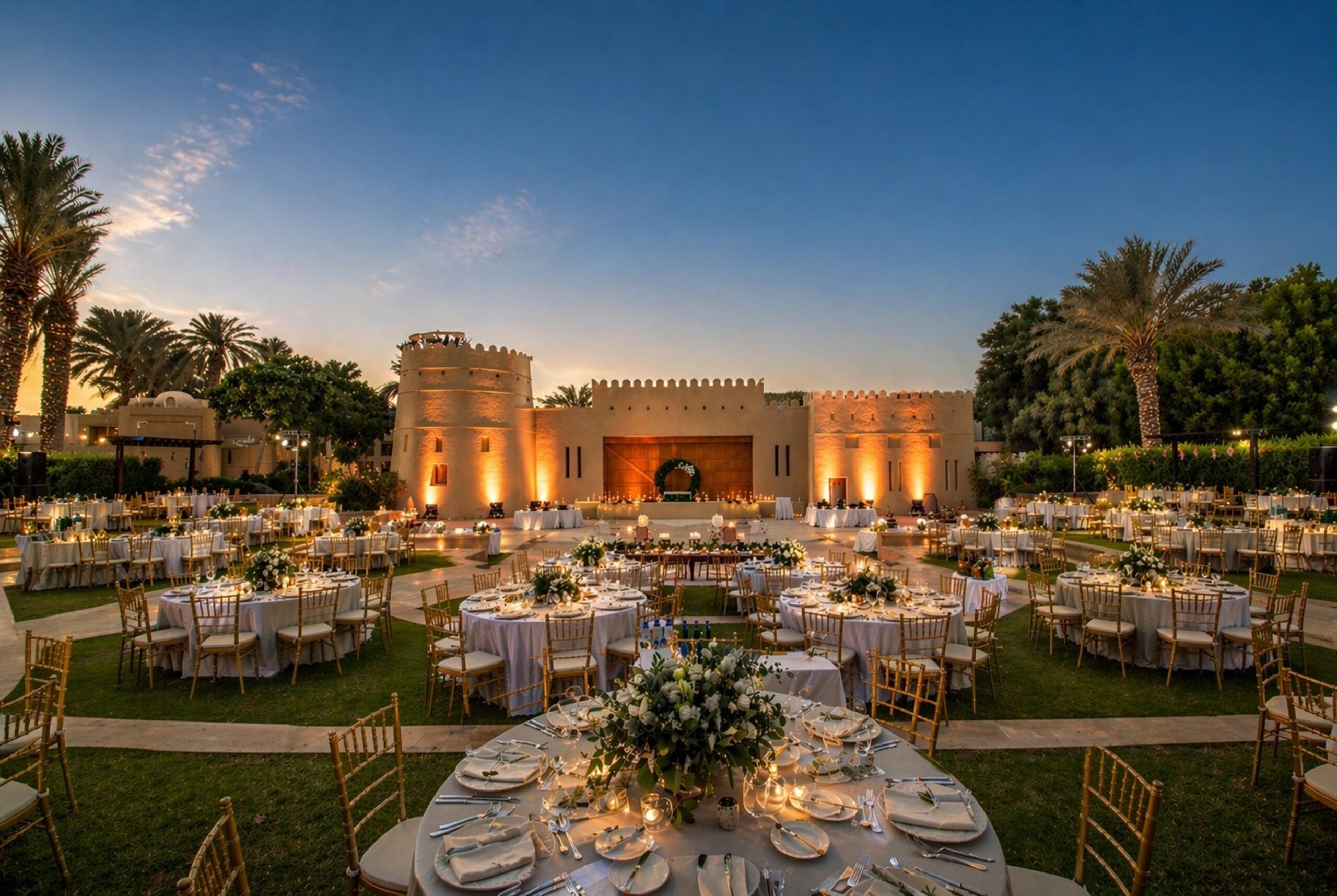 Round tables laid for a dinner on the lawn before the Al Koufa Fort, One&Only Royal Mirage