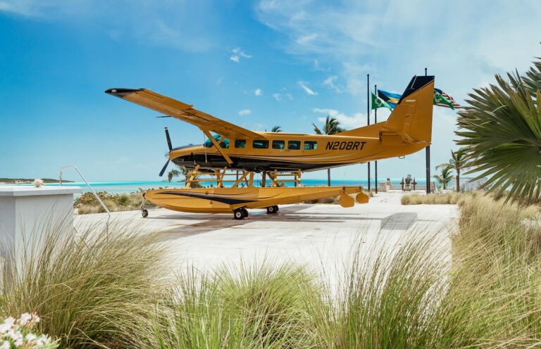 Seaplane parked on the beach, with a villa among the palms behind, Over Yonder Cay