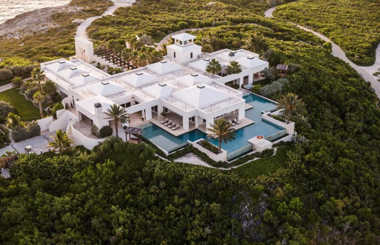 Meridian House seen from above, with its wraparound pools, Over Yonder Cay