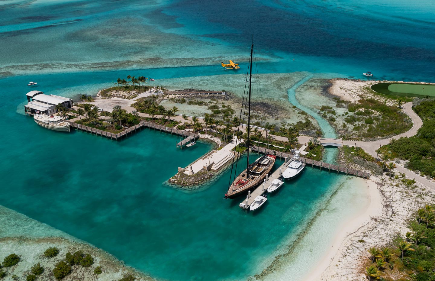 Aerial view of the private marina and docks, Over Yonder Cay