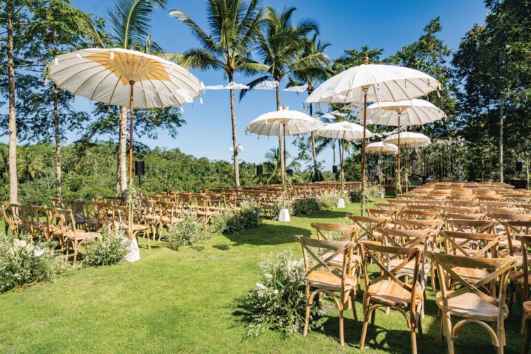 Ceremony chairs and Balinese umbrellas on the Wedding Lawn, Padma Resort Ubud