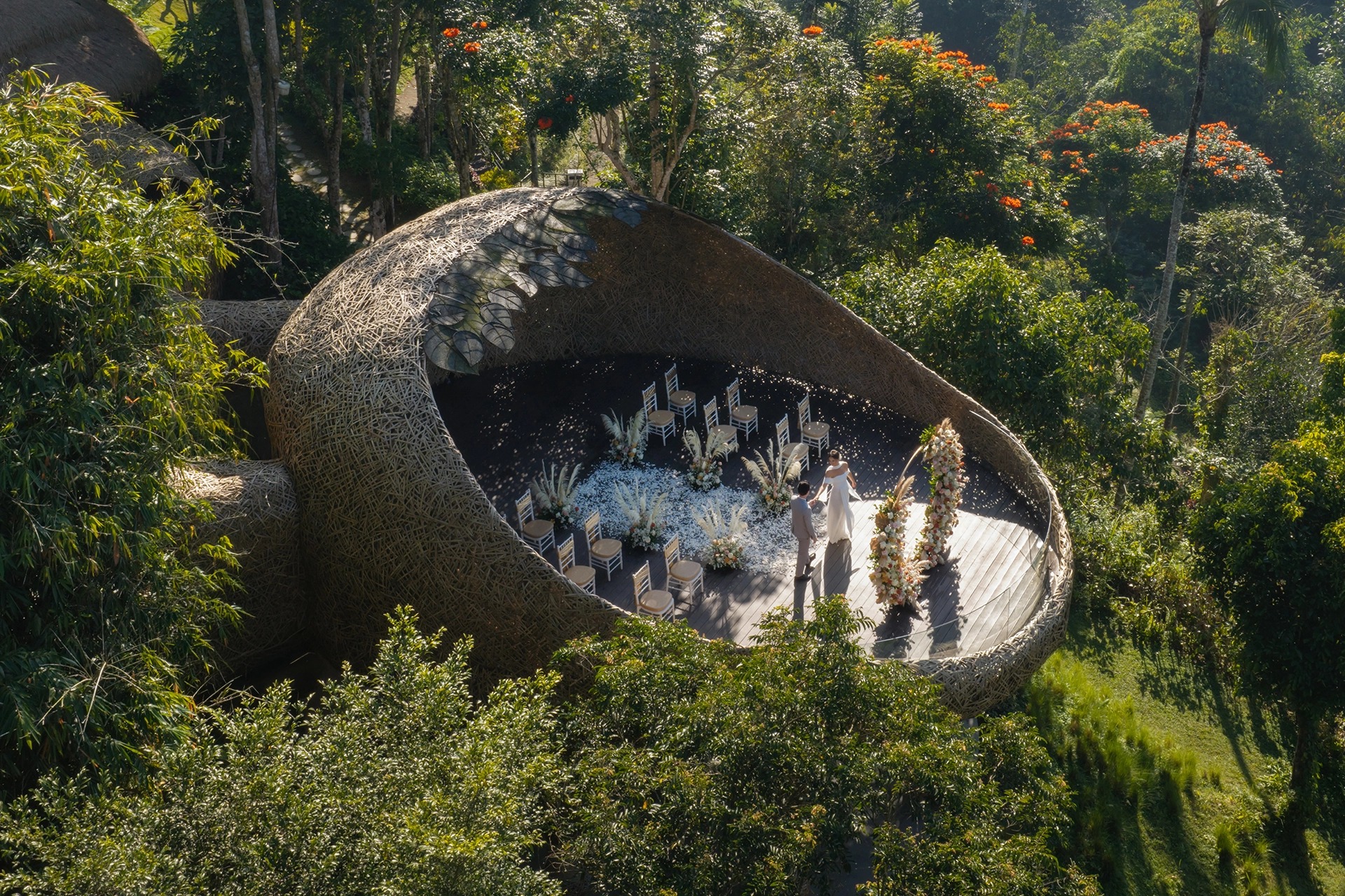 The Bamboo Nest above the forest valley, seen from above, Padma Resort Ubud