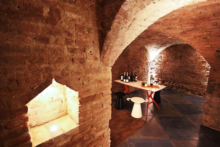 The vaulted brick wine cantina and tasting space, Palazzetto Rosso