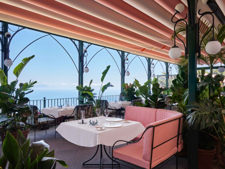 Veranda table set for two with a sea view, Palazzo Avino