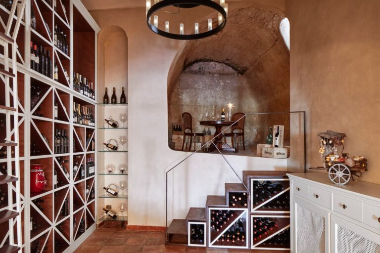The wine room with a sommelier's table, Palazzo Avino