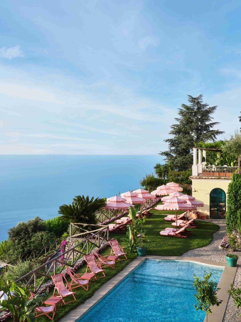Garden terraces and pool stepping down the hillside, Palazzo Avino