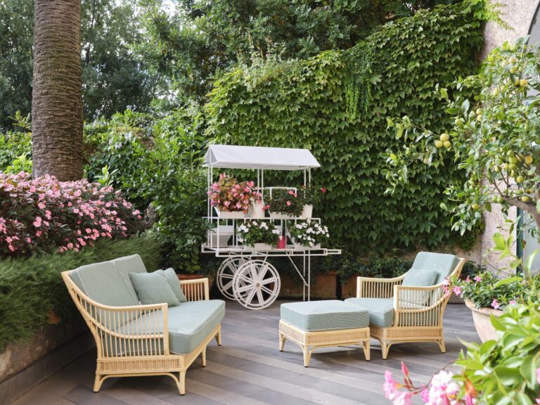 Seating on the garden terrace among flowers, Palazzo Avino