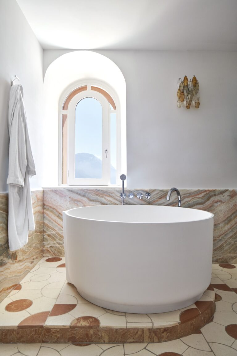 Coral Deluxe Suite bathroom with a freestanding bath, Palazzo Avino