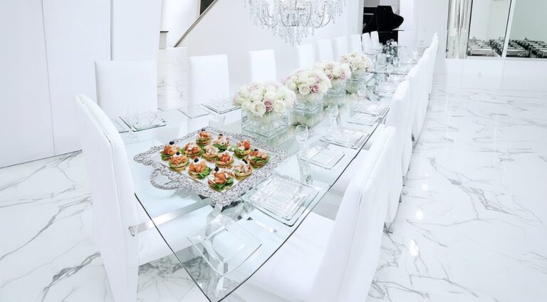 The formal dining room beneath a glass-domed ceiling, Palazzo Beverly Hills