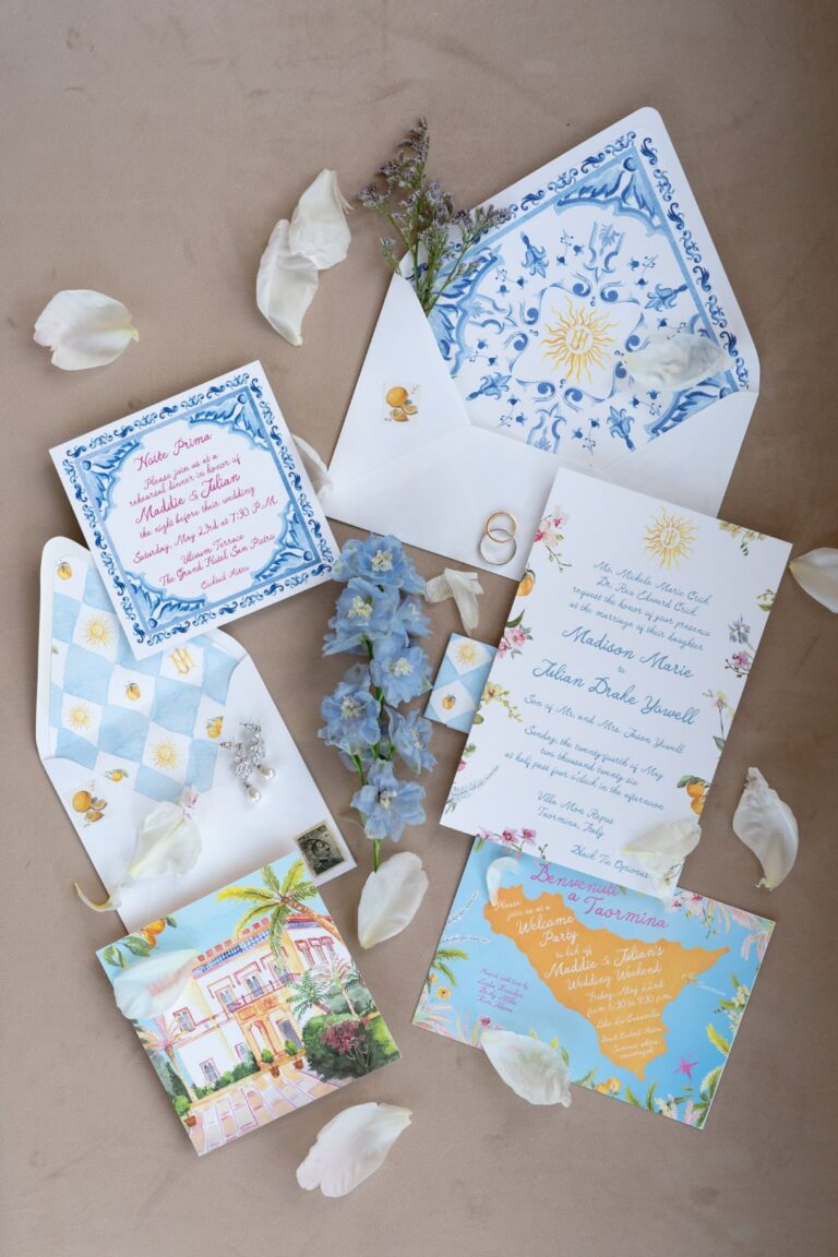 Wedding stationery in blue and white majolica patterns with a map of Sicily, Taormina, Paola Lapi Luxury Event