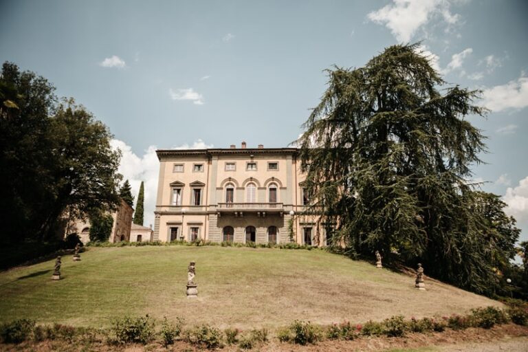 Ciara and Peter's villa from the lawn, a cedar over one wing and statues down the slope, Paolo Cicognani Weddings & Events