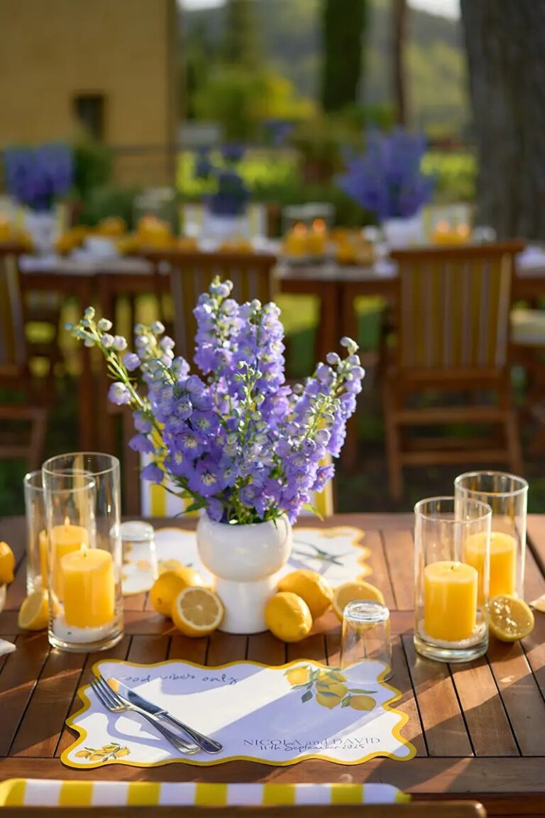The same table from standing height, and the tables beyond it running into the trees, Paolo Cicognani Weddings & Events