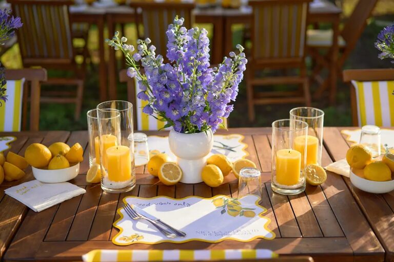 Delphiniums and lemons on bare wood, yellow candles unlit, the chairs still empty, Paolo Cicognani Weddings & Events