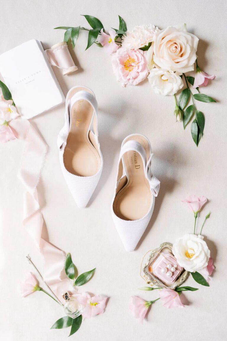 The shoes, the ribbon and the scent, arranged and shot from directly above, Paolo Cicognani Weddings & Events