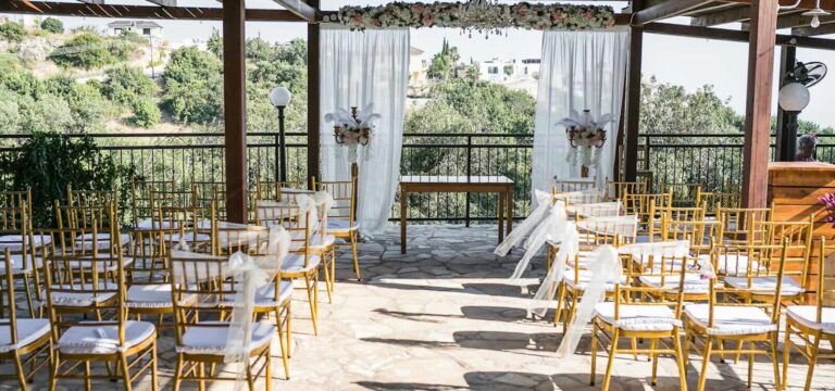 Chiavari chairs and draped terrace ready for a ceremony, The Mulberry Terrace, Paphos Weddings Made Easy