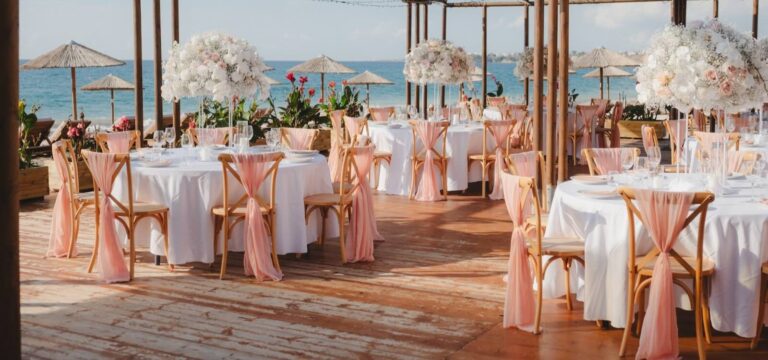 Reception tables with blush sashes and floral centrepieces on a timber terrace, Sense by the Sea, Paphos Weddings Made Easy
