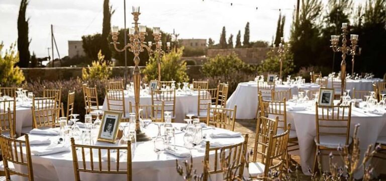 Dinner tables with candelabra centrepieces and framed photographs, Liopetro, Paphos Weddings Made Easy