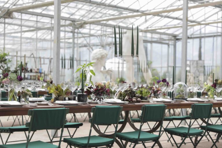 Inside the Greenhouse: Ceremony Table and Classical Sculpture, Paradis Pietrasanta