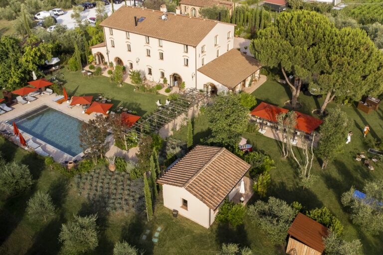 The Estate from the Air: Farmhouse, Pool and Olive Trees, Paradis Pietrasanta