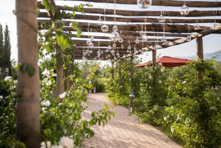 The Pergola Garden Path, Glass Lanterns and White Roses, Paradis Pietrasanta