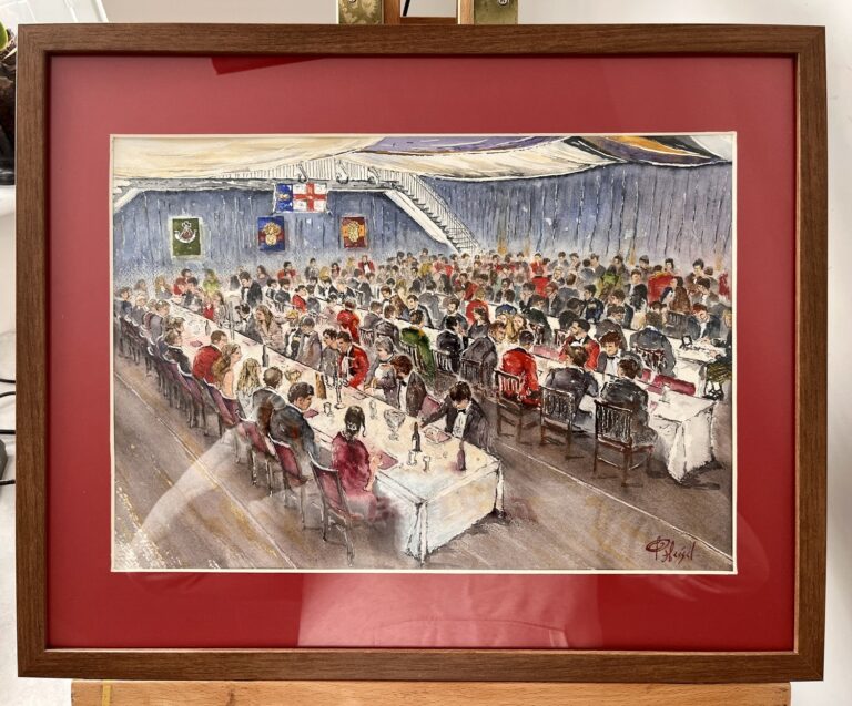Framed watercolour of a formal dinner in a marquee, painted at an event, Patrick Heisel Watercolours
