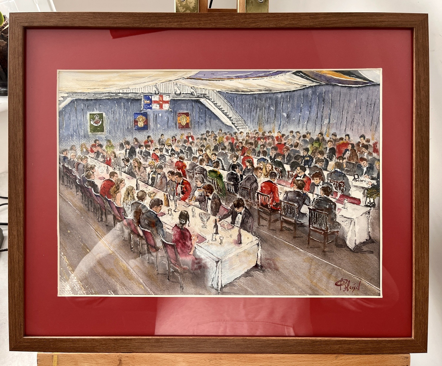 Framed watercolour of a formal dinner in a marquee, painted at an event, Patrick Heisel Watercolours