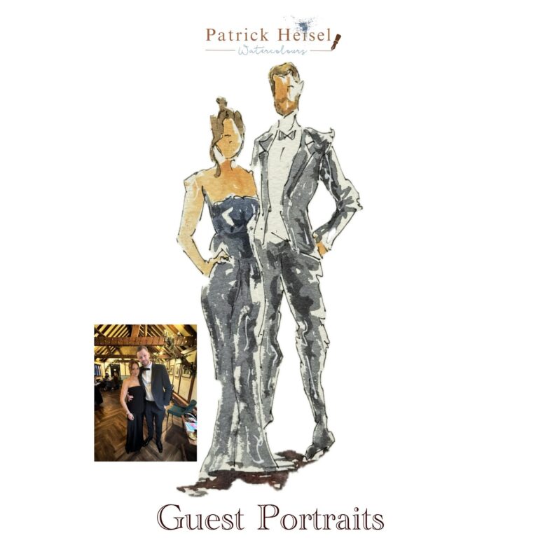 Hand-painted watercolour guest portrait of a couple, Patrick Heisel Watercolours