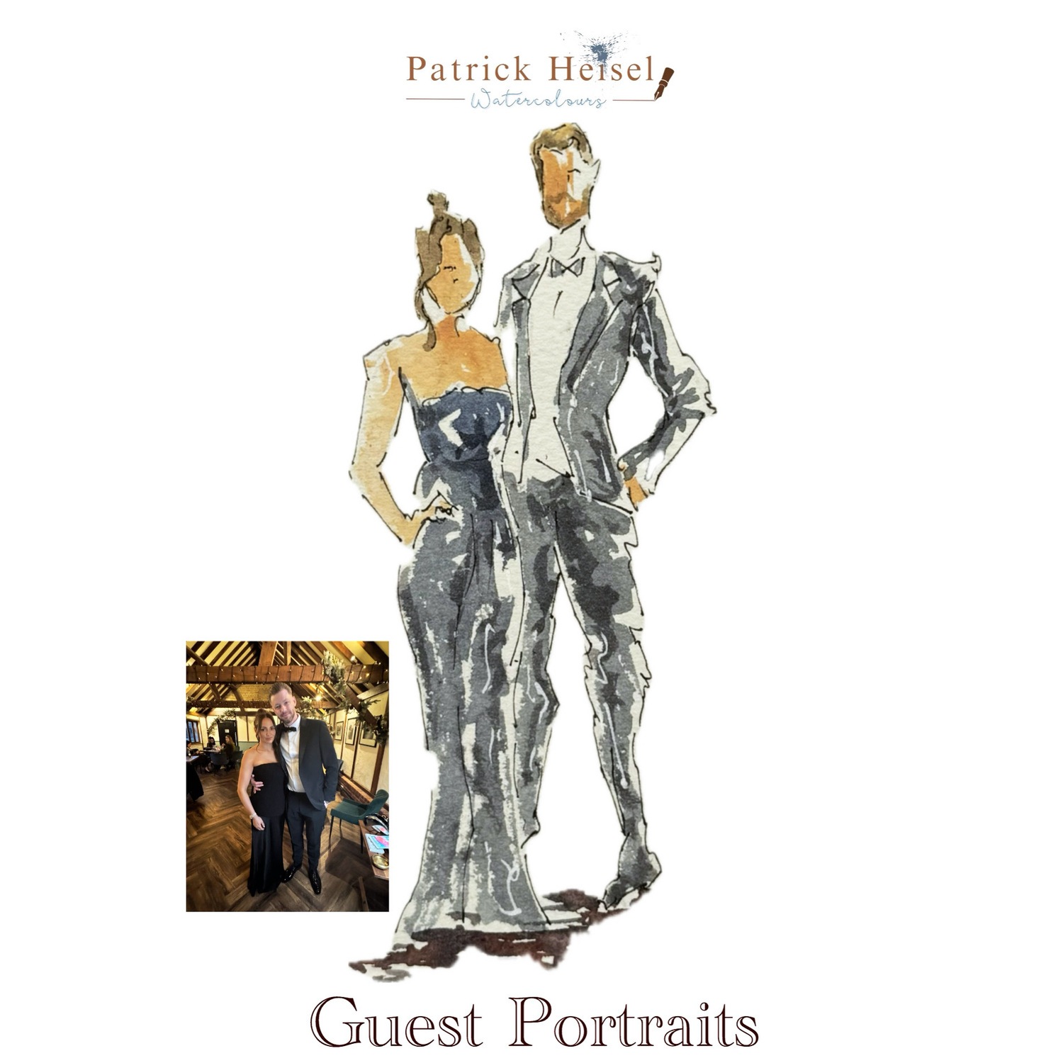 Hand-painted watercolour guest portrait of a couple, Patrick Heisel Watercolours
