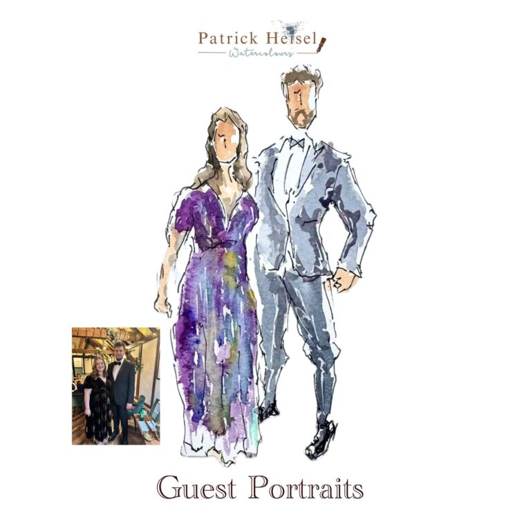 Hand-painted watercolour guest portrait of a couple in evening wear, Patrick Heisel Watercolours
