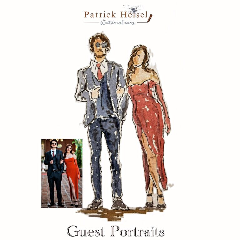 Hand-painted watercolour guest portrait of a couple at a celebration, Patrick Heisel Watercolours