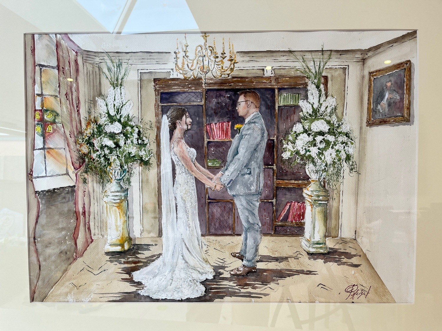 Wedding watercolour of a couple holding hands beside flower arrangements, Patrick Heisel Watercolours