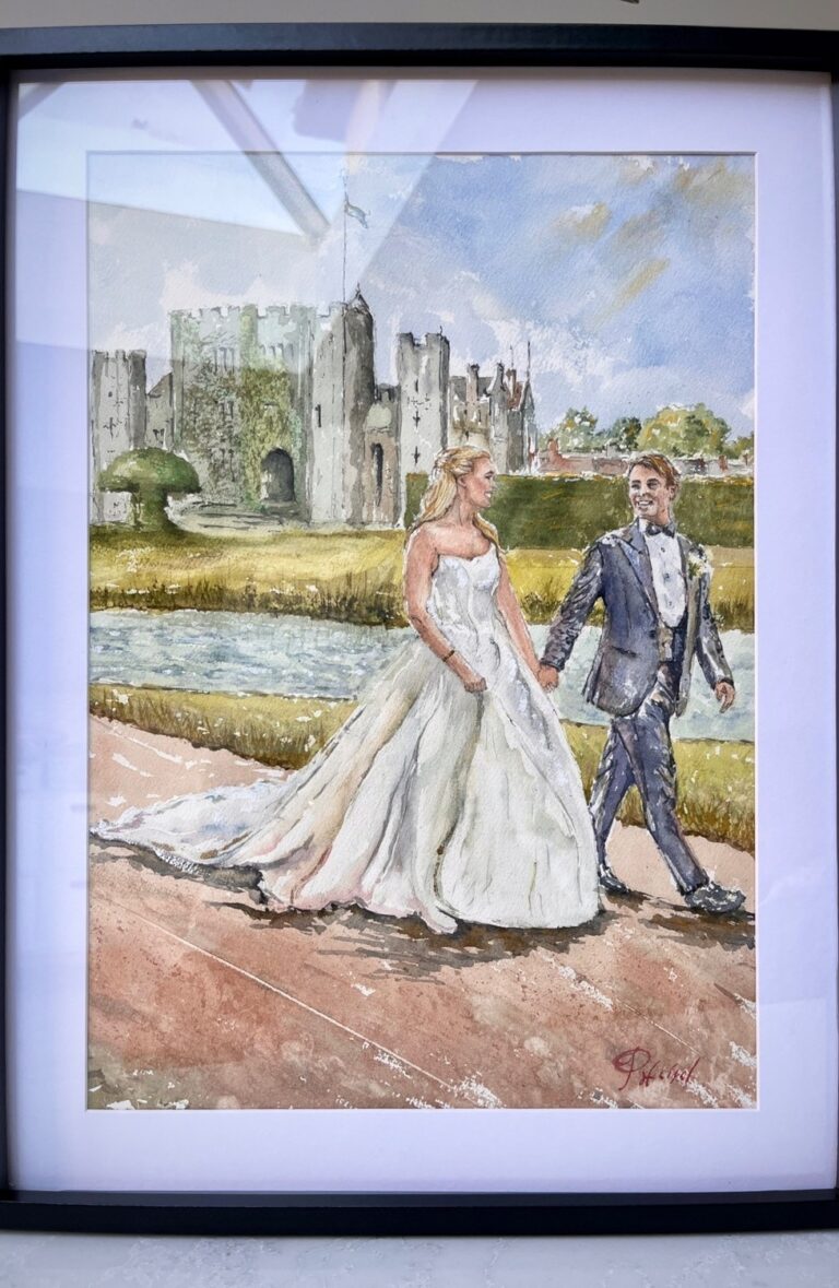 Watercolour of a bride and groom walking in front of a castle, Patrick Heisel Watercolours
