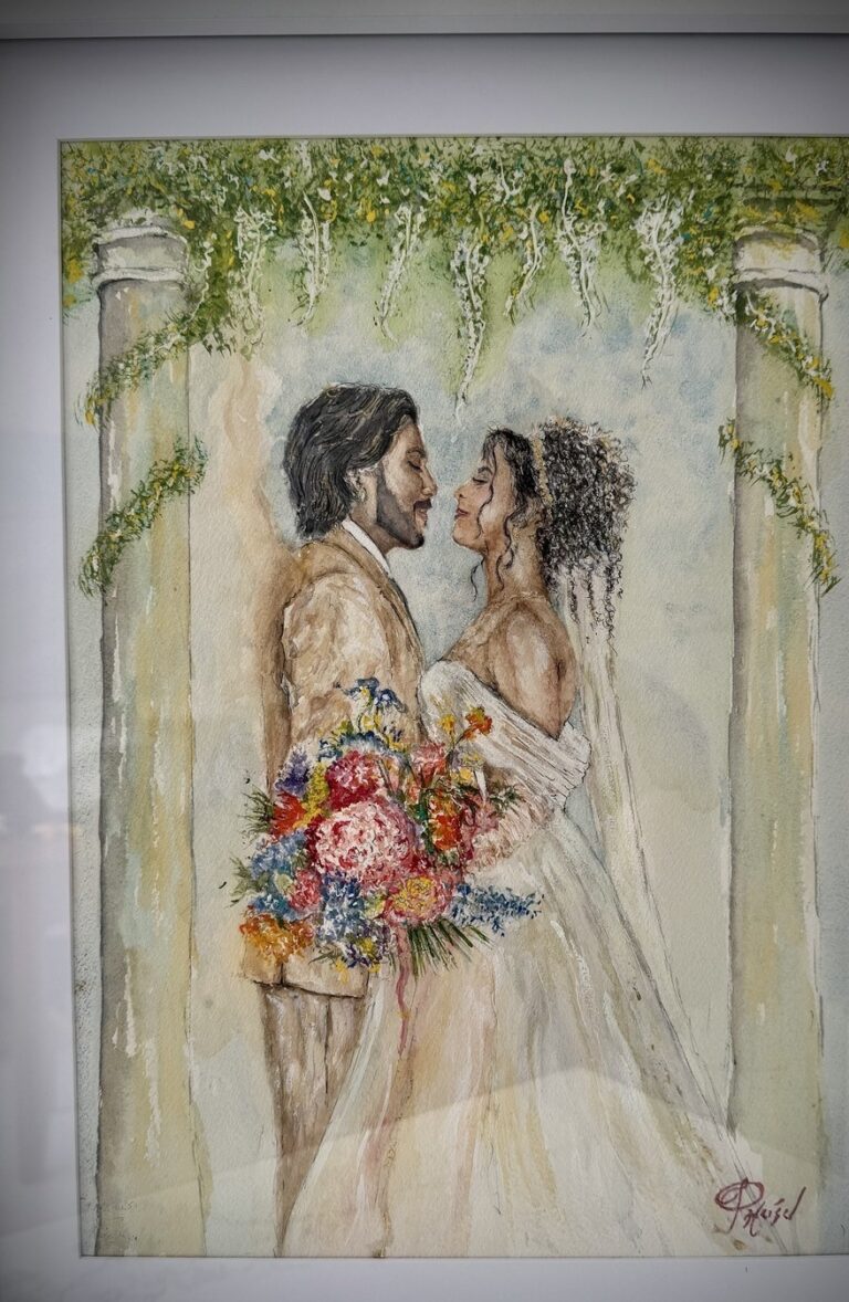 Watercolour of a couple beneath a floral arch, Patrick Heisel Watercolours