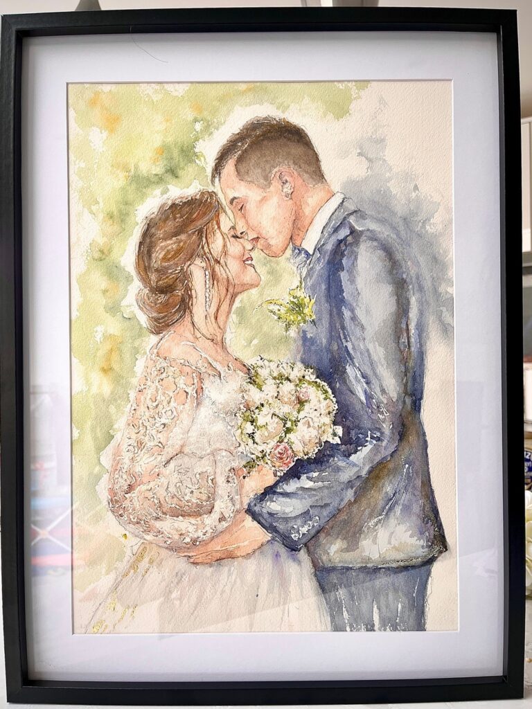 Framed watercolour of a couple embracing, Patrick Heisel Watercolours