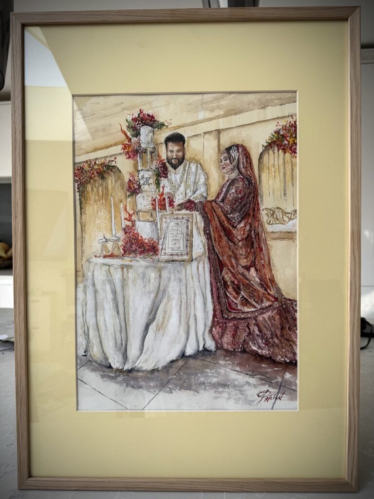 Framed watercolour of a wedding ceremony table with the couple, Patrick Heisel Watercolours