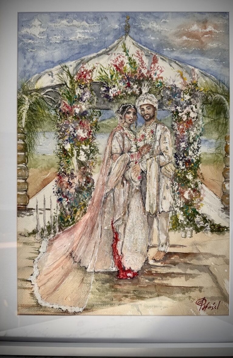 Watercolour of a couple in wedding dress under a floral canopy, Patrick Heisel Watercolours