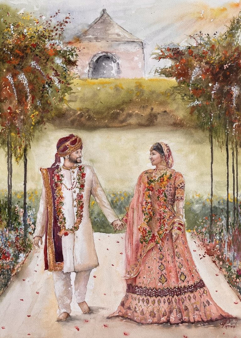 Watercolour of a couple in traditional wedding dress walking hand in hand, Patrick Heisel Watercolours