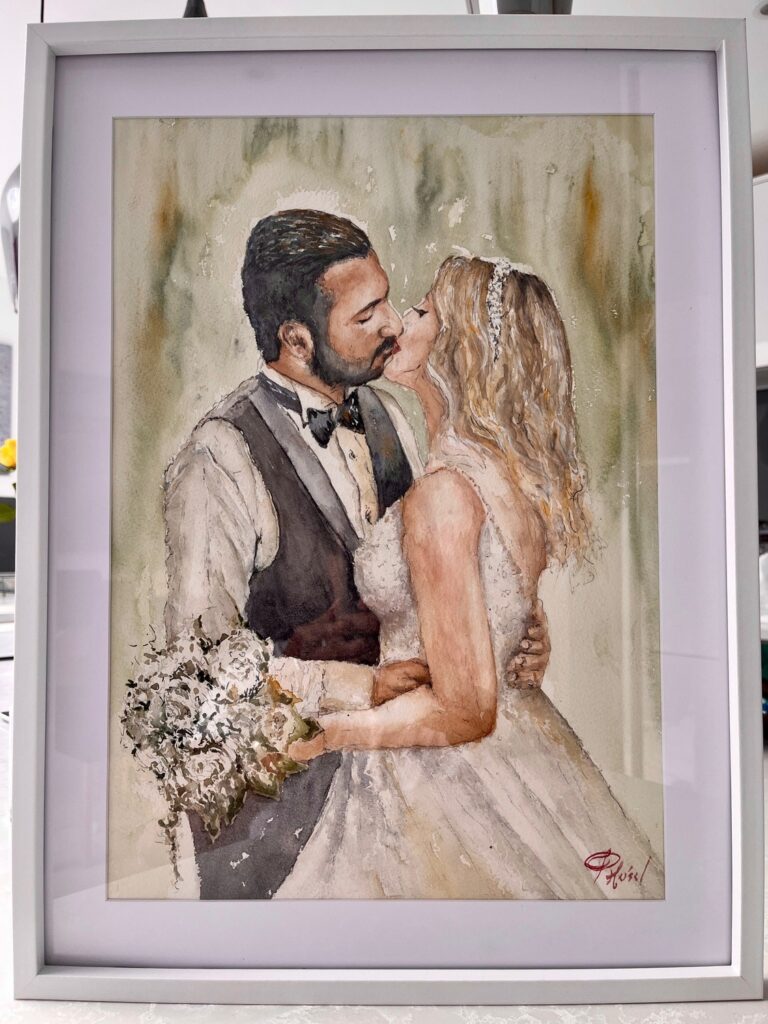 Framed watercolour portrait of a bride and groom kissing, Patrick Heisel Watercolours