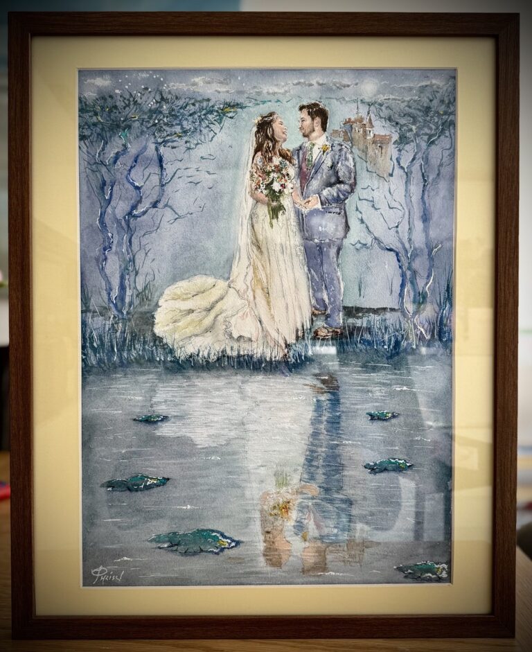 Framed watercolour of a bride and groom beside a lake, Patrick Heisel Watercolours
