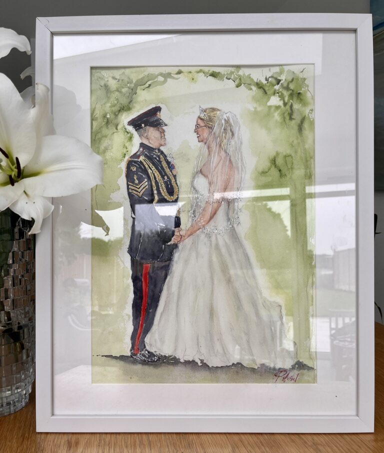 Framed watercolour of a bride and a groom in dress uniform, Patrick Heisel Watercolours