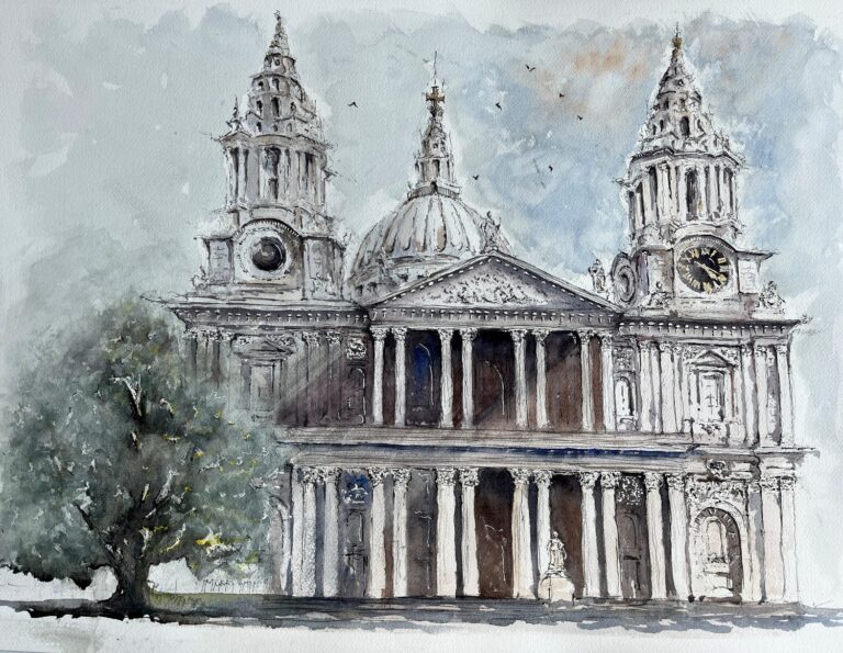 Ink and watercolour painting of St Paul's Cathedral, Patrick Heisel Watercolours