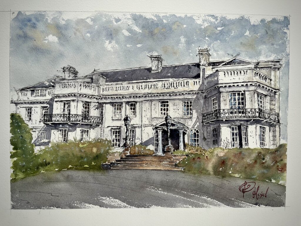 Ink and watercolour painting of a country house, Patrick Heisel Watercolours