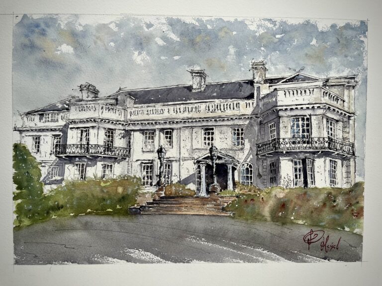 Ink and watercolour painting of a country house, Patrick Heisel Watercolours