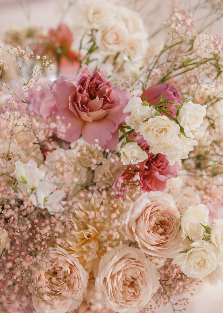 Close detail of pink and cream roses and dahlias, Patrizia Cilli Events Italy