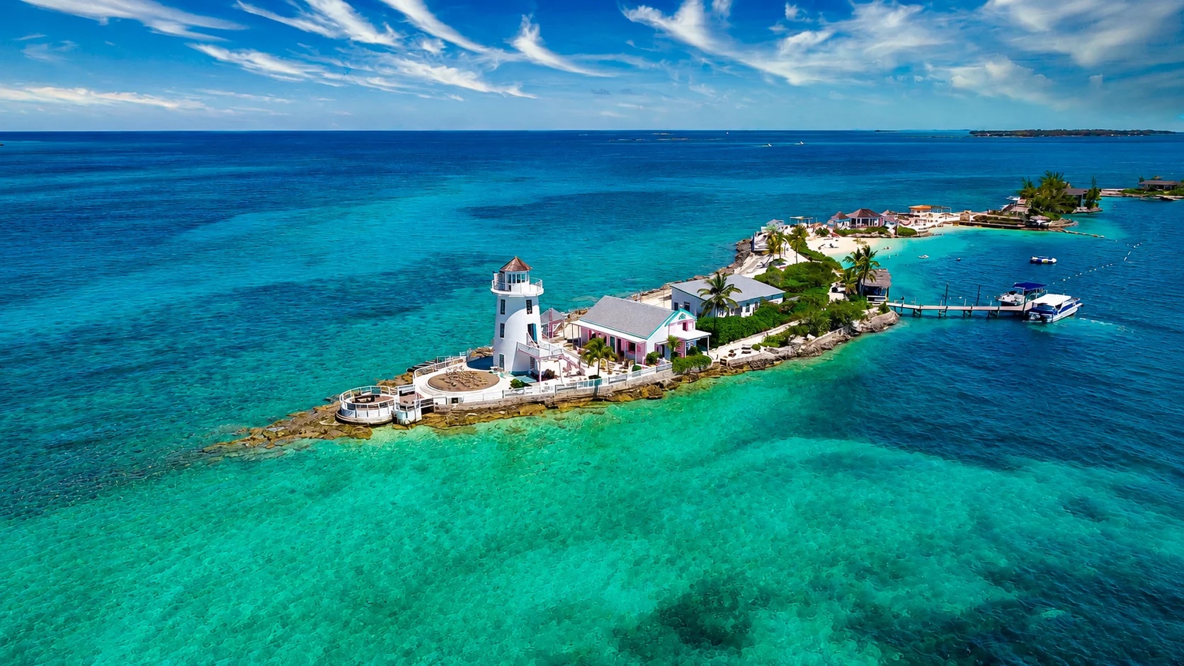 Aerial view of the island lighthouse, Pearl Island Bahamas