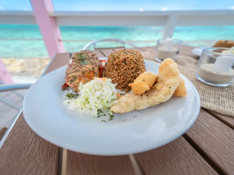 Bahamian lunch of grouper with peas and rice, ocean view, Pearl Island Bahamas